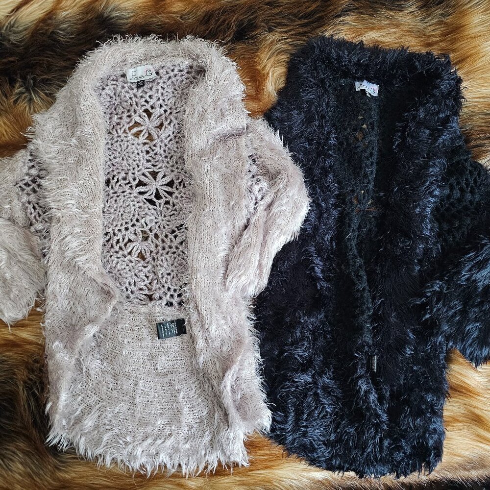 Emma G Mandela Boho Y2K Crochet Mohair WoolSweater Cardigan Fuzzy Furry Lot of 2